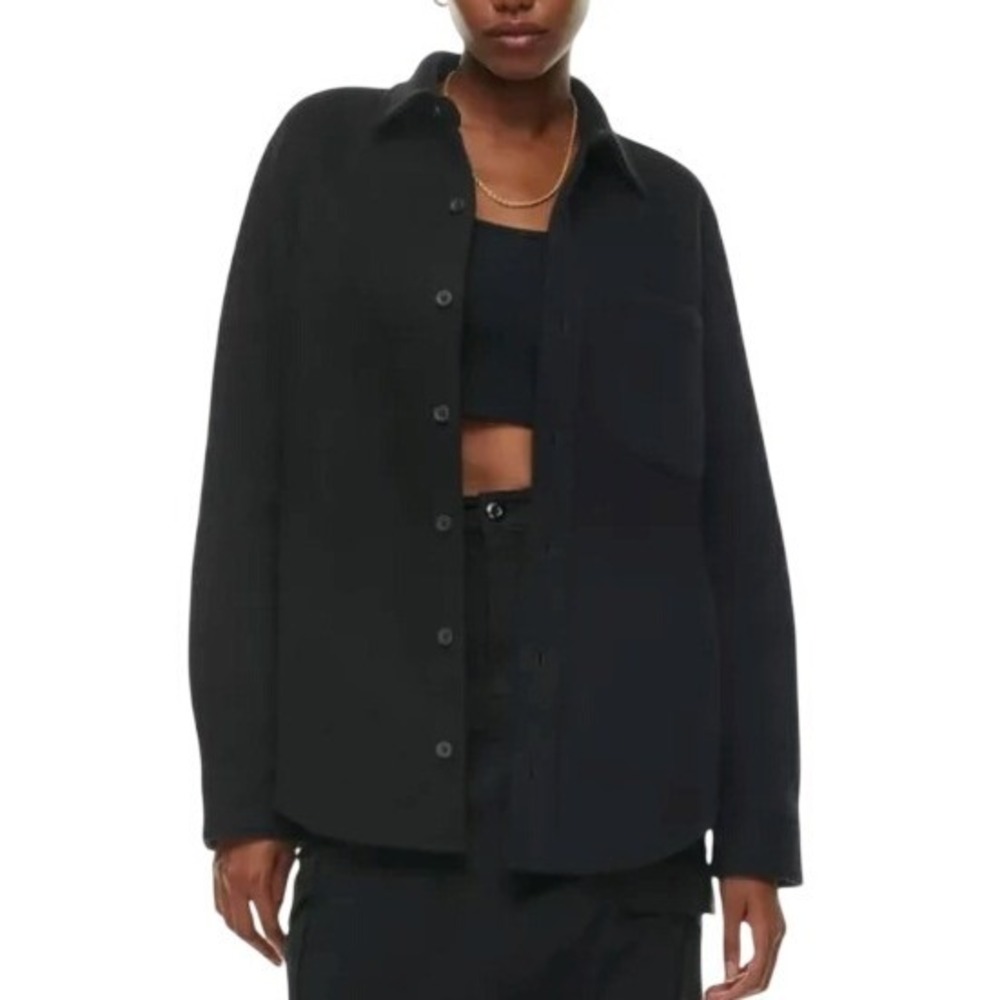 TNA Sweatfleece Cozy Fleece Boyfriend Shirt Jacket Women Small Black Button Up